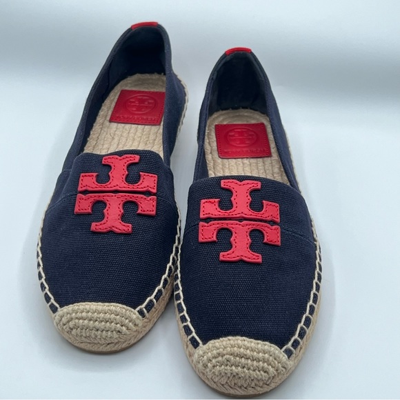 Tory Burch Weston Flat Espadrille Navy & Red Canvas Calf Logo Shoes, - Picture 1 of 9